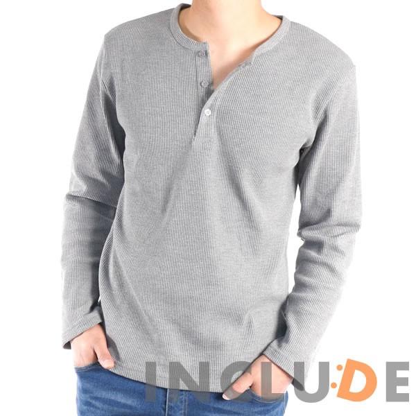 ヘンリーネック ワッフル ロングTシャツ　サーマル ロンＴ 長袖Tシャツ 起毛 スムース カットソー 黒 白グレー |  | 02