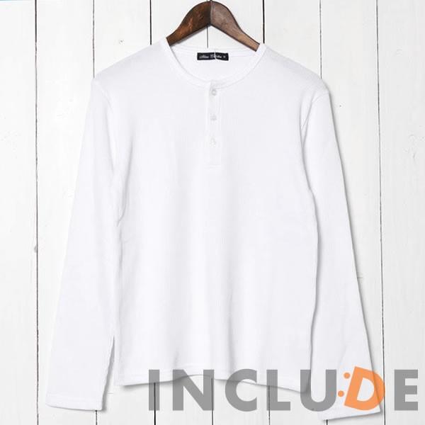 ヘンリーネック ワッフル ロングTシャツ　サーマル ロンＴ 長袖Tシャツ 起毛 スムース カットソー 黒 白グレー |  | 04