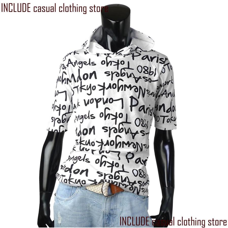 パーカー カットソー ロゴ総柄 ５分袖 プルパーカー Tシャツ メンズ 黒 白 M L LL(XL) |  | 01