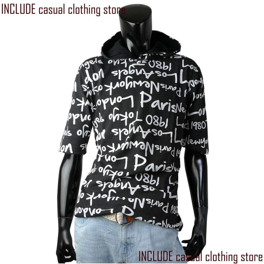 パーカー カットソー ロゴ総柄 ５分袖 プルパーカー Tシャツ メンズ 黒 白 M L LL(XL) |  | 02