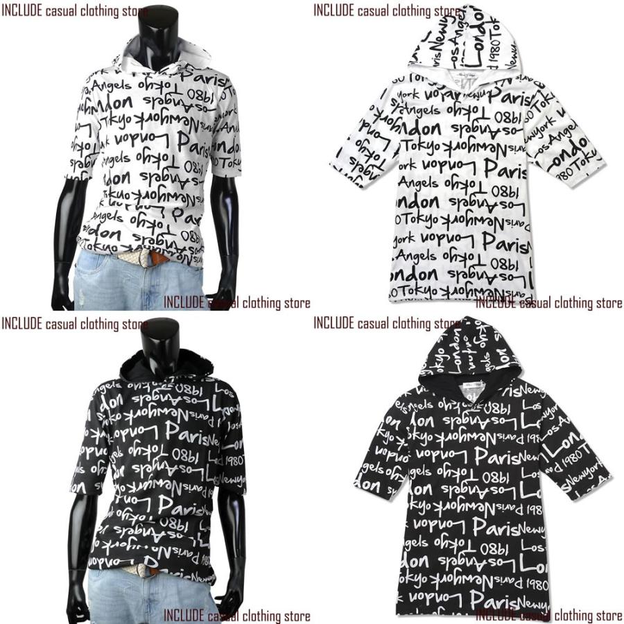 パーカー カットソー ロゴ総柄 ５分袖 プルパーカー Tシャツ メンズ 黒 白 M L LL(XL) |  | 03