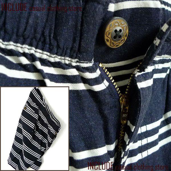 麻レーヨン ボーダーショーツ 半パン ショートパンツ/ネイビー 木ボタン ジップ |  | 03