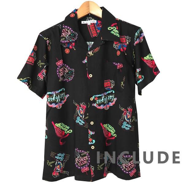 オープンカラー 総柄 半袖シャツ ラスベガス VEGAS ピエロ ネオン フラミンゴ アロハシャツ レーヨン 総柄 開襟シャツ |  | 01