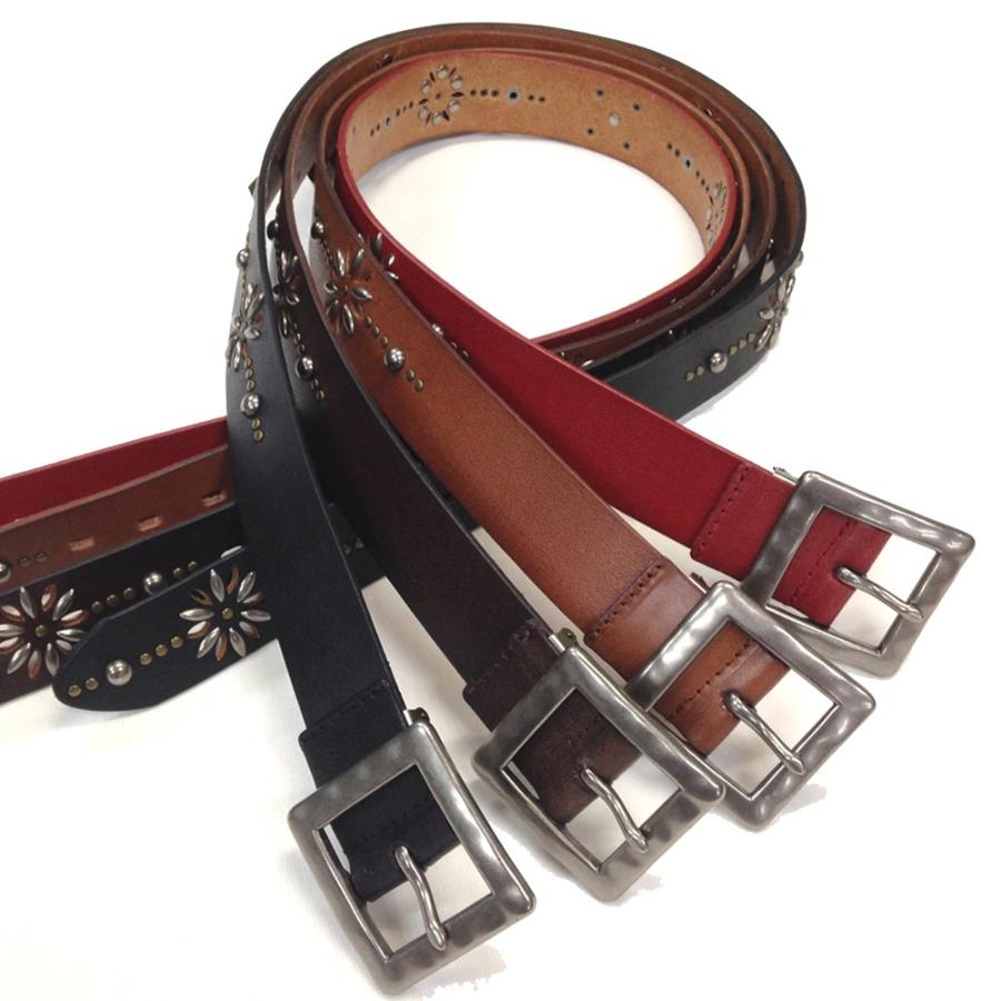 ベルト 本皮 牛革 帯切 サイズ調節可能 花柄 パンチングスタッズ 牛革ベルト ギャリソンバックル 全4カラー メンズ |  | 07