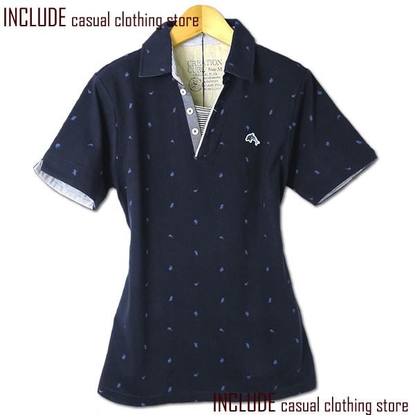 鹿の子 スキッパー 半袖ポロシャツ イルカ ペンギン クジラ 総柄 マリン ボーダー カジュアル 鹿の子ポロ 半袖ポロ M L |  | 02