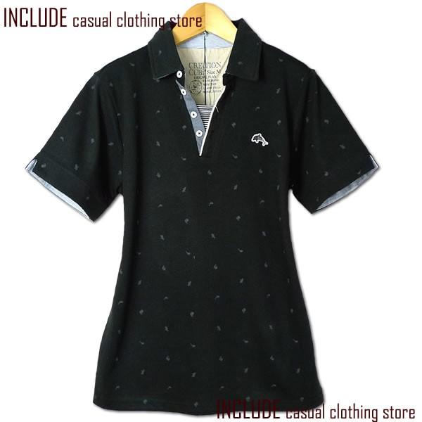 鹿の子 スキッパー 半袖ポロシャツ イルカ ペンギン クジラ 総柄 マリン ボーダー カジュアル 鹿の子ポロ 半袖ポロ M L |  | 03