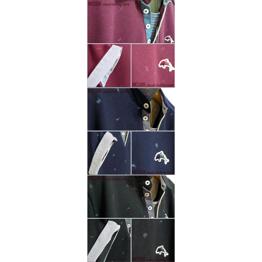 鹿の子 スキッパー 半袖ポロシャツ イルカ ペンギン クジラ 総柄 マリン ボーダー カジュアル 鹿の子ポロ 半袖ポロ M L |  | 05