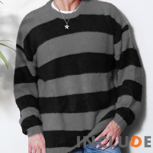 フェレットタッチ モヘア ボーダー オーバーサイズ クルーニット ゆるふわニット メンズ |  | 01