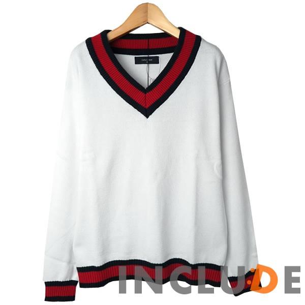 Ｖネックニット セーター カラーニット ニット チルデンニット ニットソー ビッグ ワイド インナー 長袖 メンズ カジュアル |  | 01