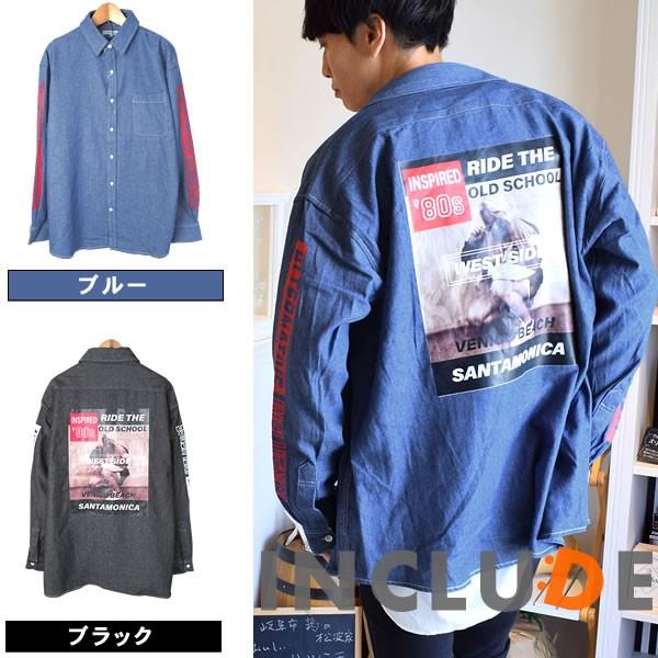 バックプリント 袖ロゴ 転写フォトプリント ルーズフィット シャツ メンズ ビックシルエット 長袖 デニムシャツ ダンガリー 6 | 