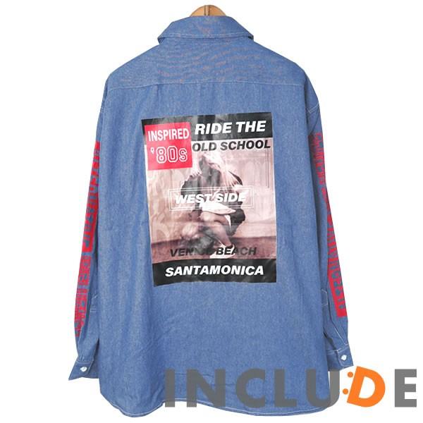 バックプリント 袖ロゴ 転写フォトプリント ルーズフィット シャツ メンズ ビックシルエット 長袖 デニムシャツ ダンガリー 6 |  | 04