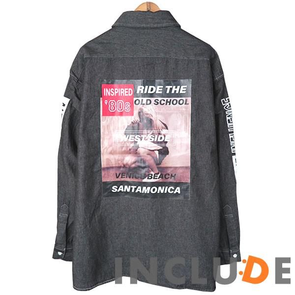 バックプリント 袖ロゴ 転写フォトプリント ルーズフィット シャツ メンズ ビックシルエット 長袖 デニムシャツ ダンガリー 6 |  | 07