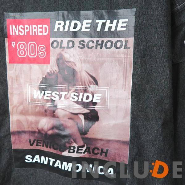 バックプリント 袖ロゴ 転写フォトプリント ルーズフィット シャツ メンズ ビックシルエット 長袖 デニムシャツ ダンガリー 6 |  | 08