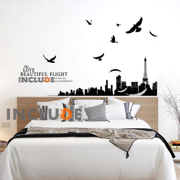 ウォールステッカー 夜景 街 町並み 鳥 エッフェル塔 フランス パリ 壁シール ウォールシール 北欧 カフェ CAFE リビン | 