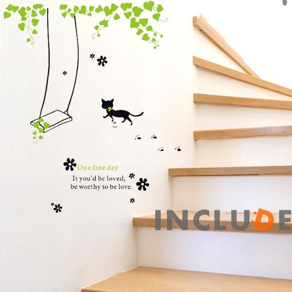 ウォールステッカー 木 猫 キャット ブランコ リーフ モダン 新緑 癒し 玄関 壁シール ウォールシール 北欧 カフェ CAF |  | 01