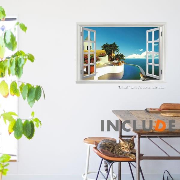 ウォールステッカー 風景 窓 景色 モナコ 地中海 海岸 砂浜 ビーチ 南国 プライベート 壁シール ウォールシール カフェ C | 