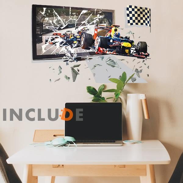 ウォールステッカー 3D 飛び出る 風景 トリックアート F1 F2 F3 フォーミュラ フラッグ 画面割れ | 