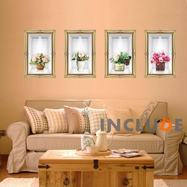 ウォールステッカー だまし窓 偽窓 4枚セット 3D 立体 フラワー 花瓶 ウォールアート |  | 01