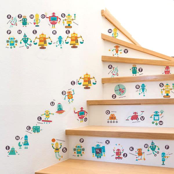 ウォールステッカー アルファベット 英語 ロボット メカ ステカセ ローマ字 キュート 楽しく勉強 教育 A-Z ABCDEFG | 