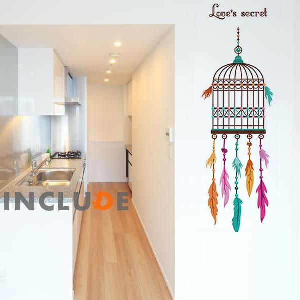 ウォールステッカー バードケージ アイアン ネイティブ 鳥の羽 羽根 カラフルドリーベージュ | 