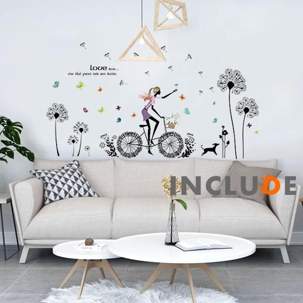 ウォールステッカー ガール お出かけ フラワー キュート 透明感 自転車 散歩 自転車 サイクリング たんぽぽ お洒落 オシャレ | 