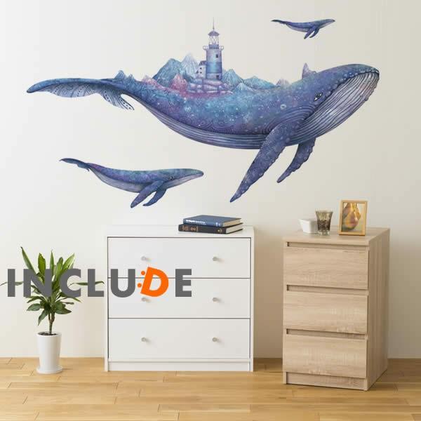 ウォールステッカー クジラ 鯨 ホエール 動物 夜空 子供部屋 魚 海 かわいい 灯台 クジラの島 メルヘン 物語 水彩風 宇宙 | 