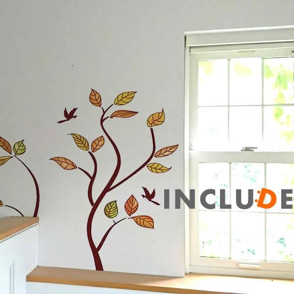 ウォールステッカー 木 ツリー 葉 葉脈 網目状 モノトーン リーフ モダン カフェ 壁画 ストーリー 燕 ツバメ 飛燕 茶系 | 