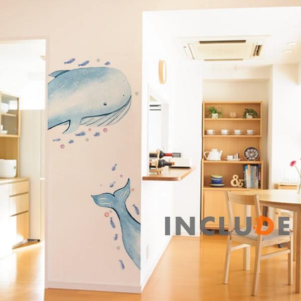 ウォールステッカー クジラ 鯨 ホエール パステル 動物 ブリーチング かわいい メルヘン 水彩風 海中 癒し系 浴室 バスルー | 