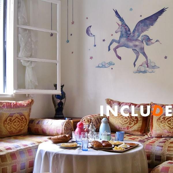 ウォールステッカー ペガサス 幻獣 星座と神話 自由の翼 メルヘン 空を駆ける 羽根がある馬 水彩 イラスト キッズ ポスター |  | 01