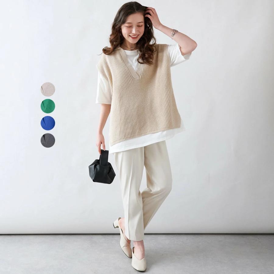 顔周りがすっきり見えるスキッパー 襟付きニットビックベスト | 