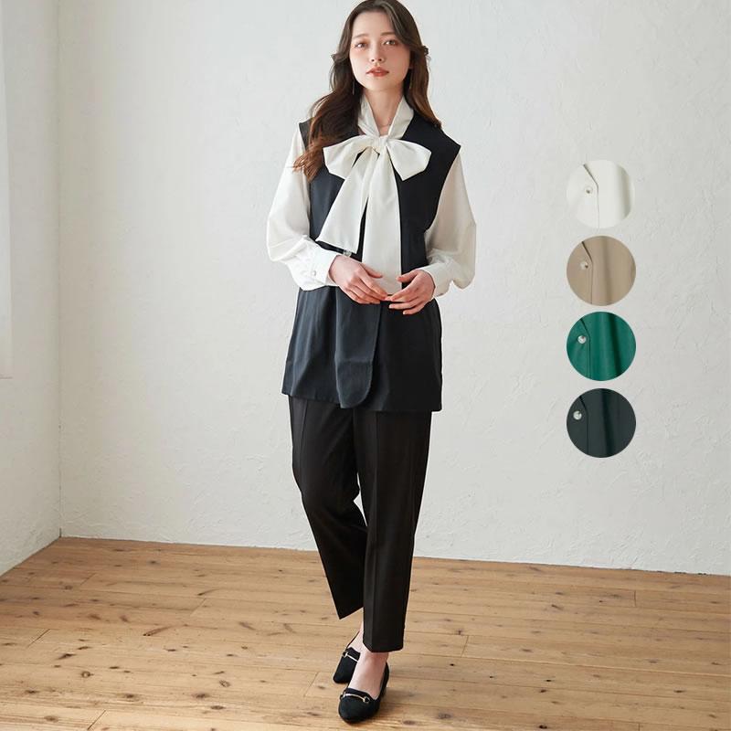 旬の肩広のシルエット 女性らしく柔らかい印象のダブルボタンスリーブレスジャケット ジレ | 