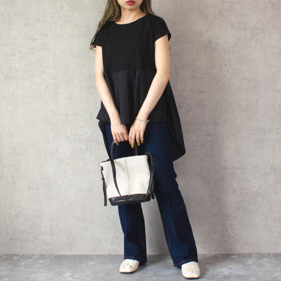 胸下からの異素材切り替えのフレアラインが上品なタックフレアーTシャツ |  | 03