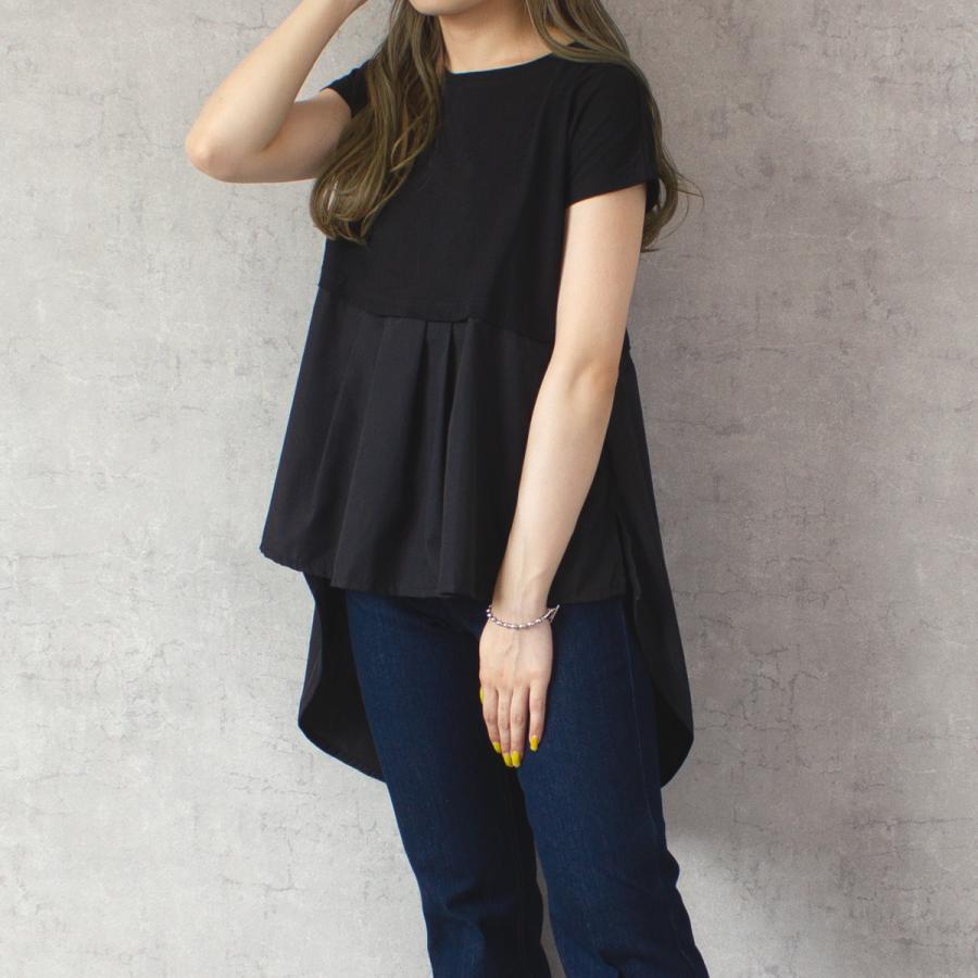 胸下からの異素材切り替えのフレアラインが上品なタックフレアーTシャツ |  | 04