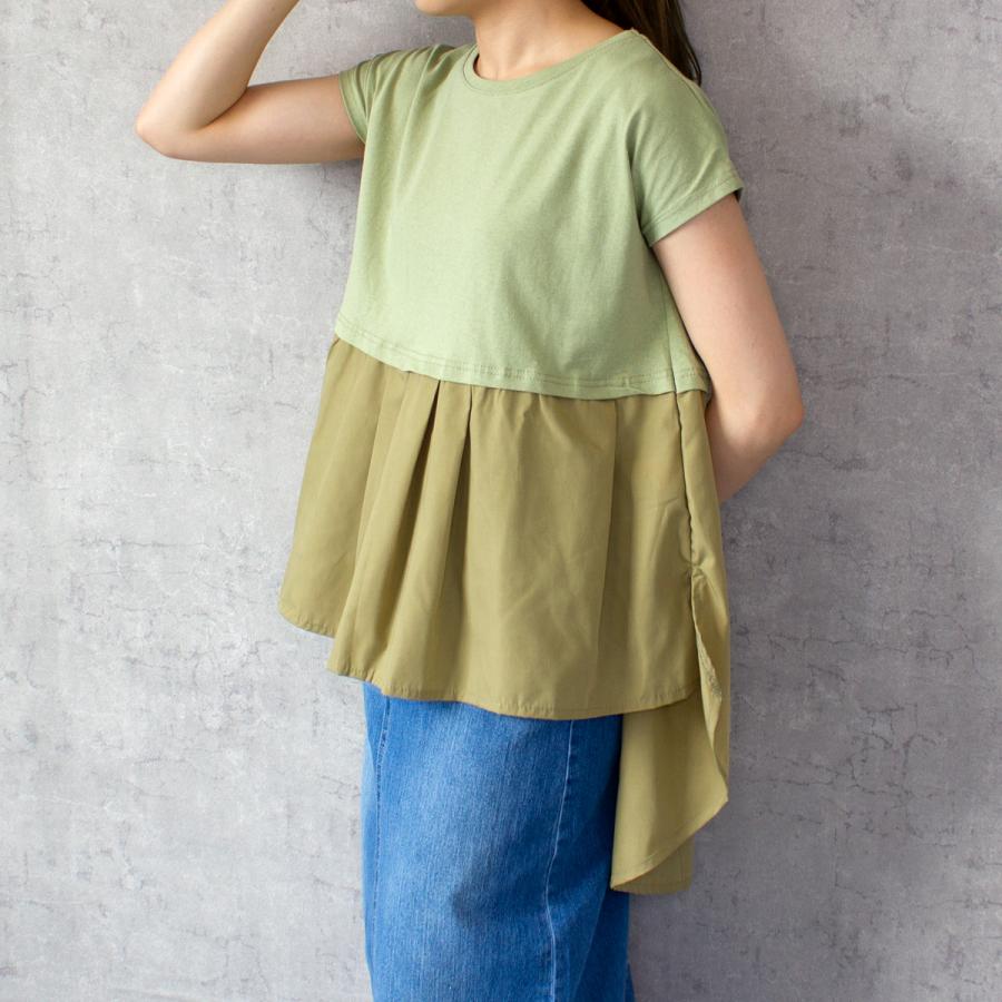 胸下からの異素材切り替えのフレアラインが上品なタックフレアーTシャツ |  | 06