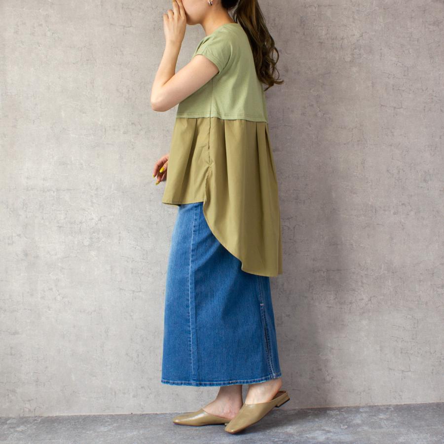 胸下からの異素材切り替えのフレアラインが上品なタックフレアーTシャツ |  | 07