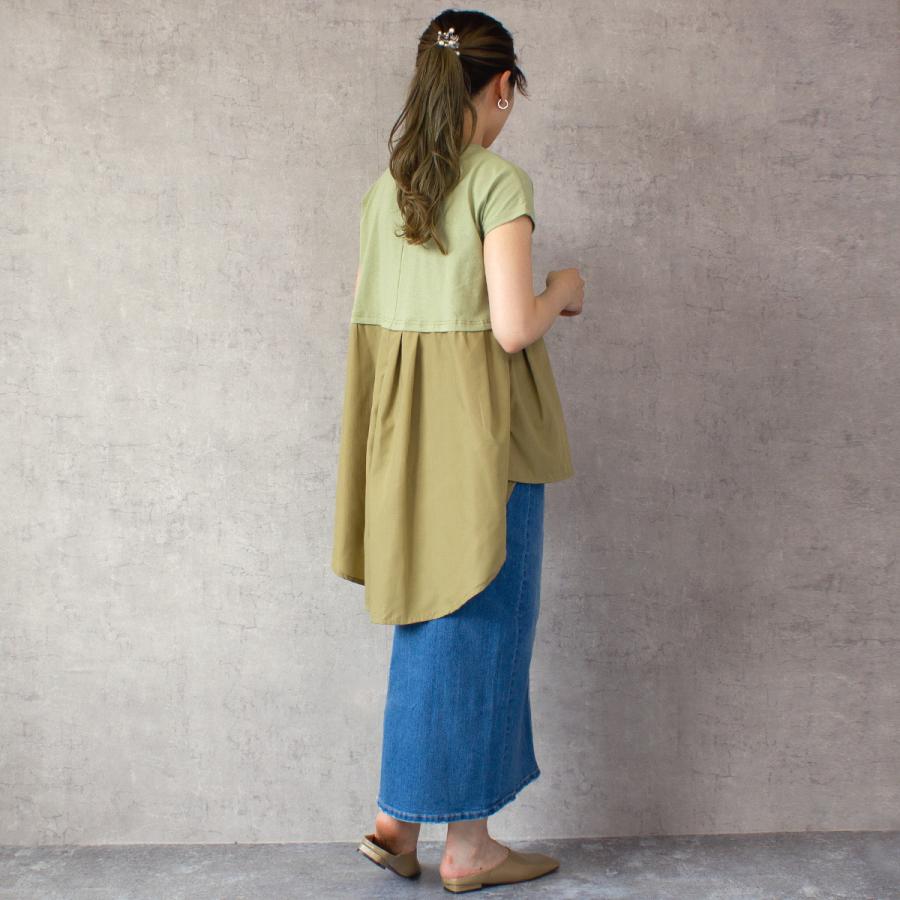 胸下からの異素材切り替えのフレアラインが上品なタックフレアーTシャツ |  | 08