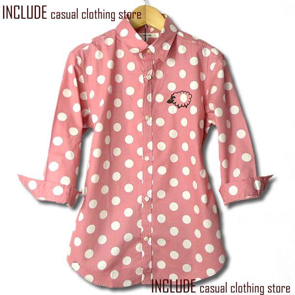 でかドット水玉シープ羊刺繍７分袖シャツ/５分袖/はんぱ袖/ピンク/雑誌掲載/日本製/メンズ | 