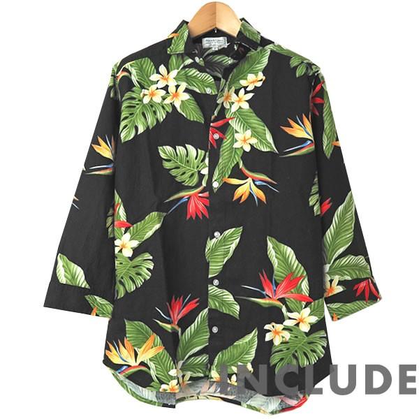 七分袖シャツ はんぱ袖 アロハ リーフ柄 ボタニカル 花柄 柄シャツ 大きめ花 フラワー ドレスシャツ 麻 フレンチレーヨン シ |  | 05