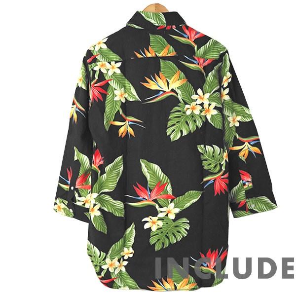 七分袖シャツ はんぱ袖 アロハ リーフ柄 ボタニカル 花柄 柄シャツ 大きめ花 フラワー ドレスシャツ 麻 フレンチレーヨン シ |  | 06