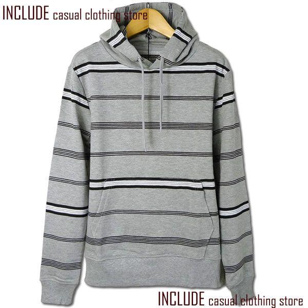 裏毛 ボーダー プルパーカー メンズ カジュアル パーカー フード グレー ブラック |  | 02