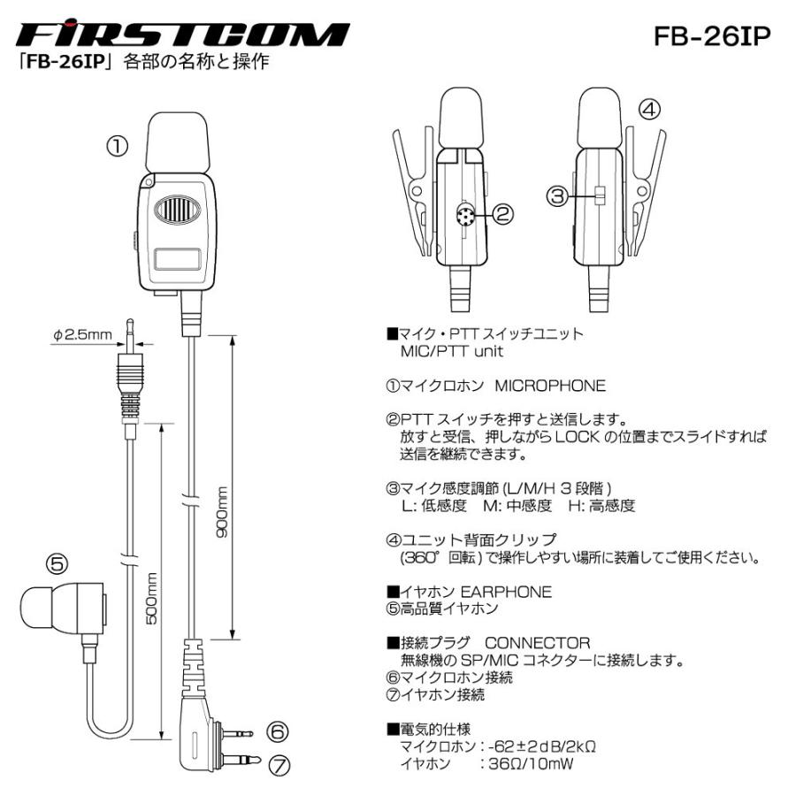 FB-26IP FIRSTCOM FRC 高機能タイピン型イヤホンマイク アイコムデジタル簡易無線用 2ピンL型防水プラグ |  | 03