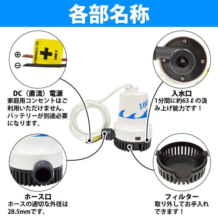 12V ビルジポンプ 1000GPH 海水 対応 毎分63L 水中ポンプ 船 ボート