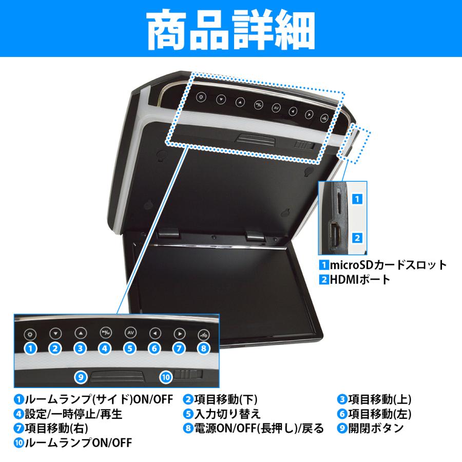 フリップダウンモニター 10.2インチ RCA/HDMI入力 12V LEDバックライト