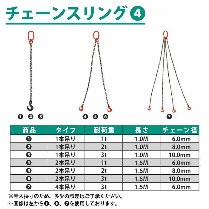 チェーン吊り具　２本吊り　長さ微調整可能 2本セット 1t 1.5M ]2本吊り チェーン スリング 吊り フックタイプ