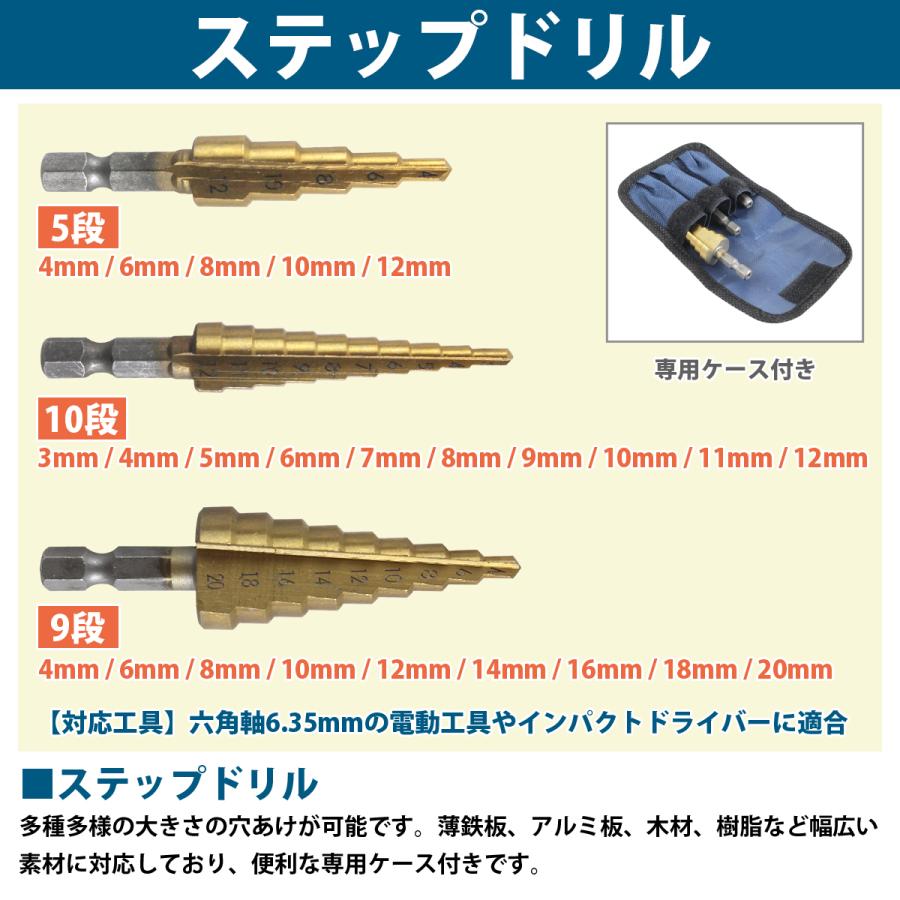 ステップドリル タケノコドリル 10点セット 六角軸 穴あけ センターポンチ バリ取り DIY 工具 電動 ドリル ビット インパクト |  | 02