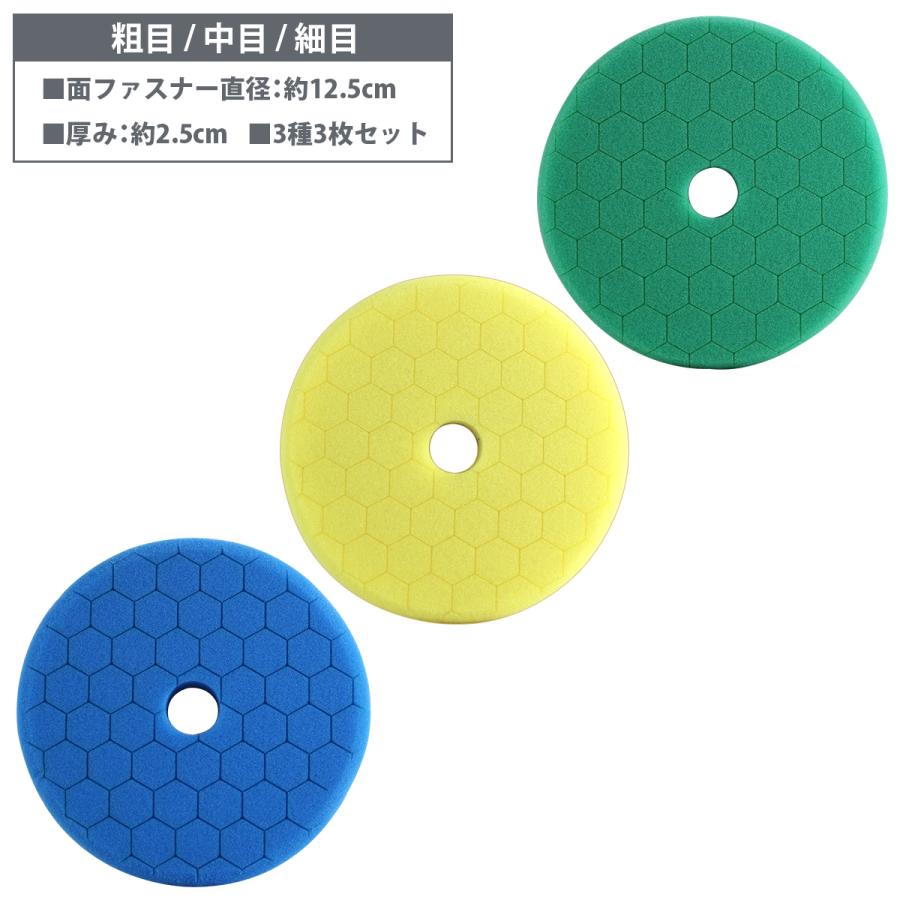 ウレタンバフ 125mm 電動ポリッシャー 荒目 中目 細目 仕上げ 3種類 3枚セット 外径 150mm スポンジ バフ 研磨 磨き キズ消し | 