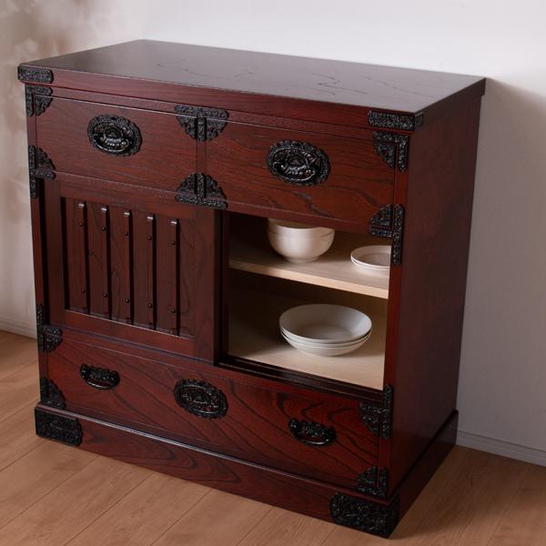 けやき民芸 90飾棚 和風 レトロ家具 ガラス戸付き 食器棚 250720