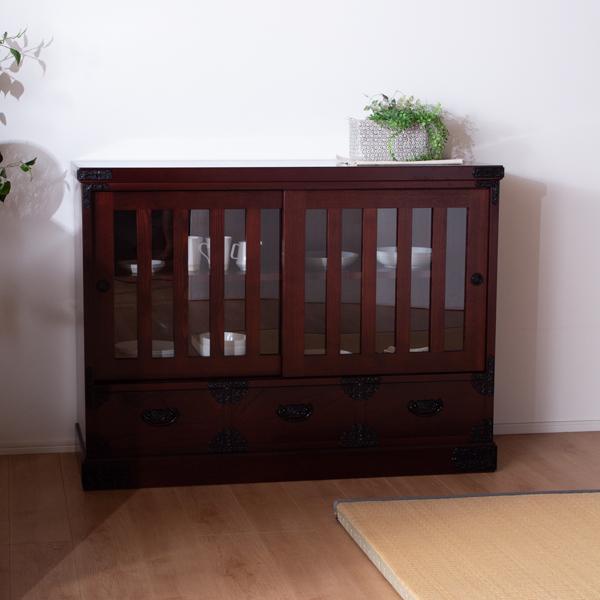 水屋 食器棚 おしゃれ ロータイプ 120 完成品 引き戸 引き出し