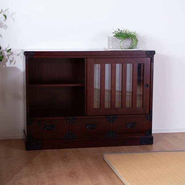 水屋 食器棚 おしゃれ ロータイプ 120 完成品 引き戸 引き出し 民芸