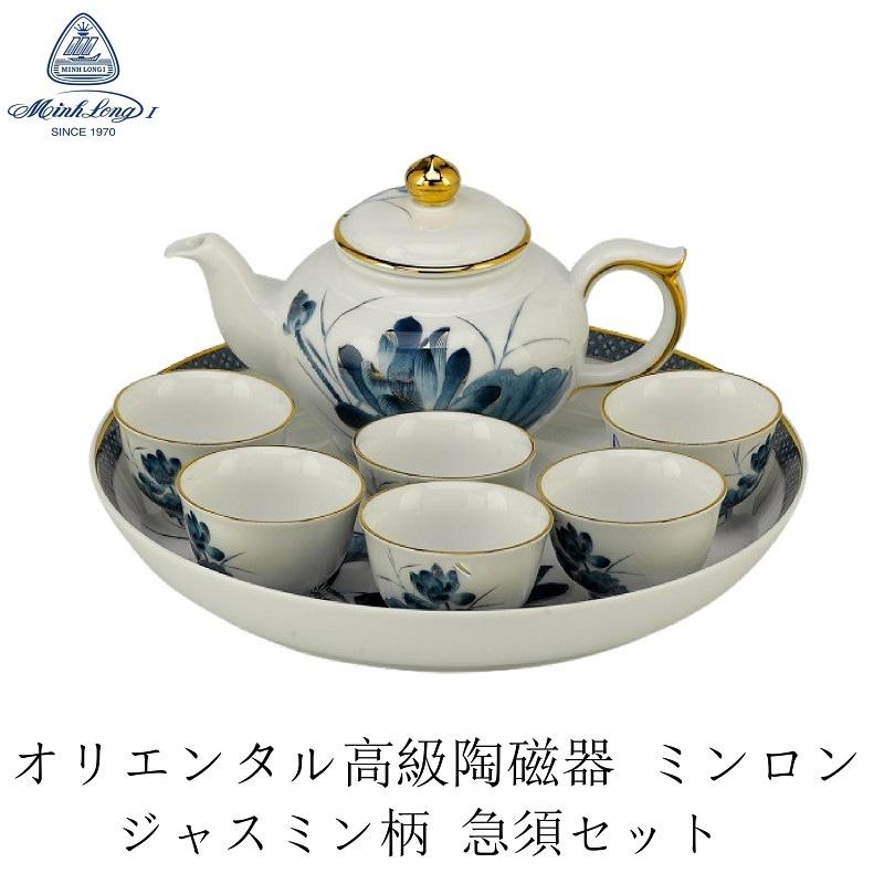 ミンロン 急須セット ジャスミン 6人用セット ティーポットセット 和風 来客用 全8点 急須ポット 湯呑 お盆 トレー 花柄 食器 通販 ベトナム雑貨 大人気商品